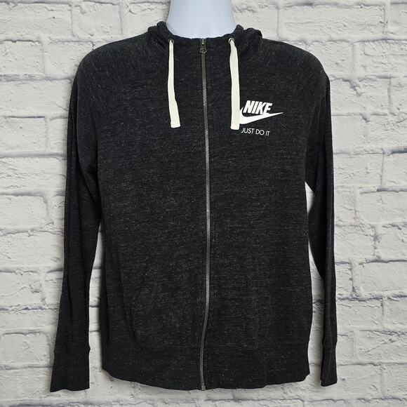 Nike Hoodie Size Large Charcoal Gray Full Zip Swoosh Just Do It Logo Drawstring - Picture 1 of 16